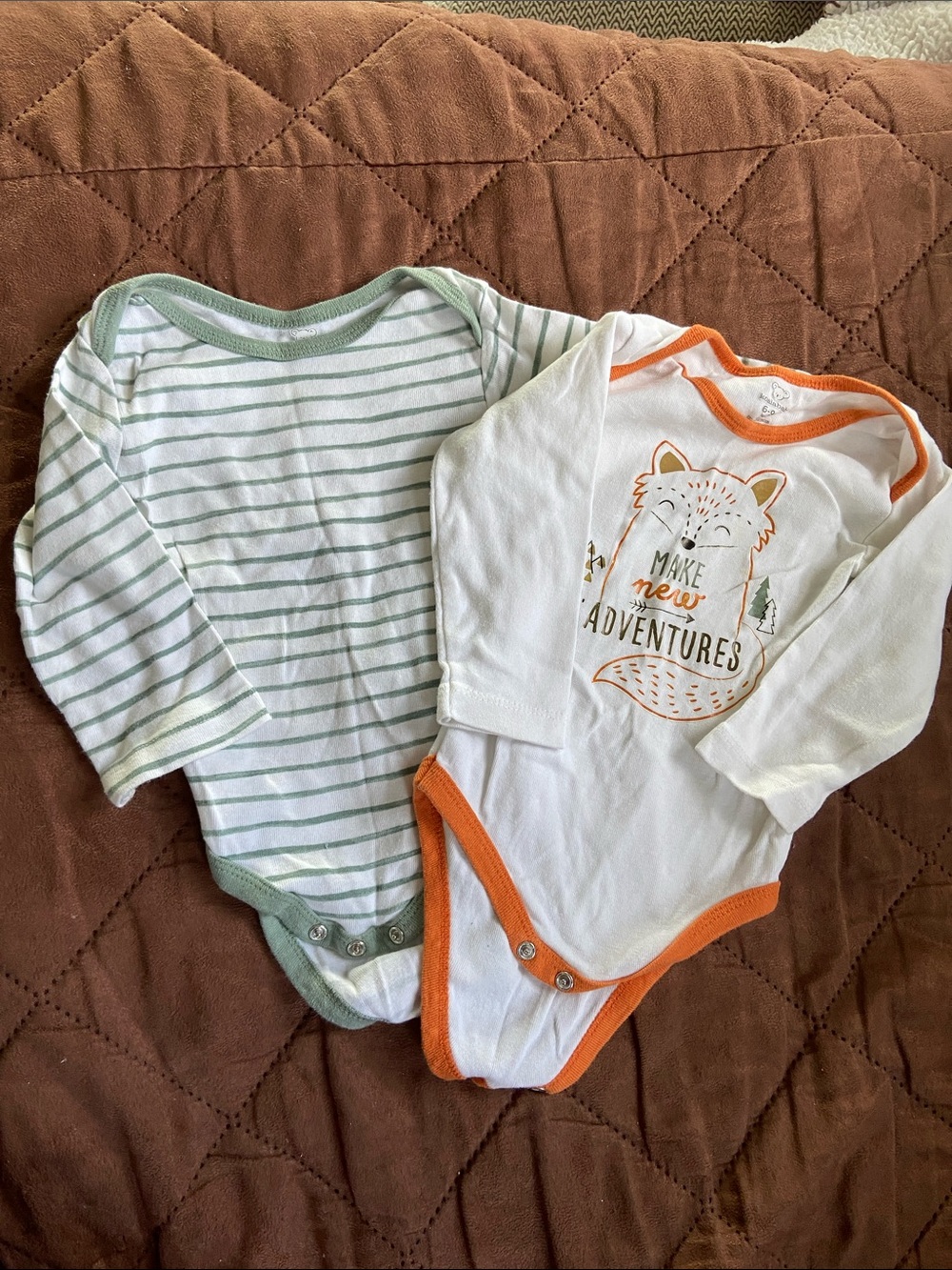 Striped Green & White and Orange-Trim Fox Graphic Baby Bodysuit Set